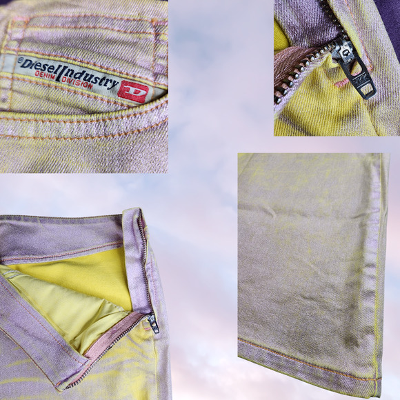 Diesel Pra Bi-Color Laminated Denim Yellow Metallic Gold Midi Slit Skirt 27 - Picture 4 of 6